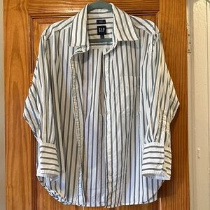 GAP Women’s White and Green Striped Shirt - GAP Big Shirt - MP - 100% Cotton